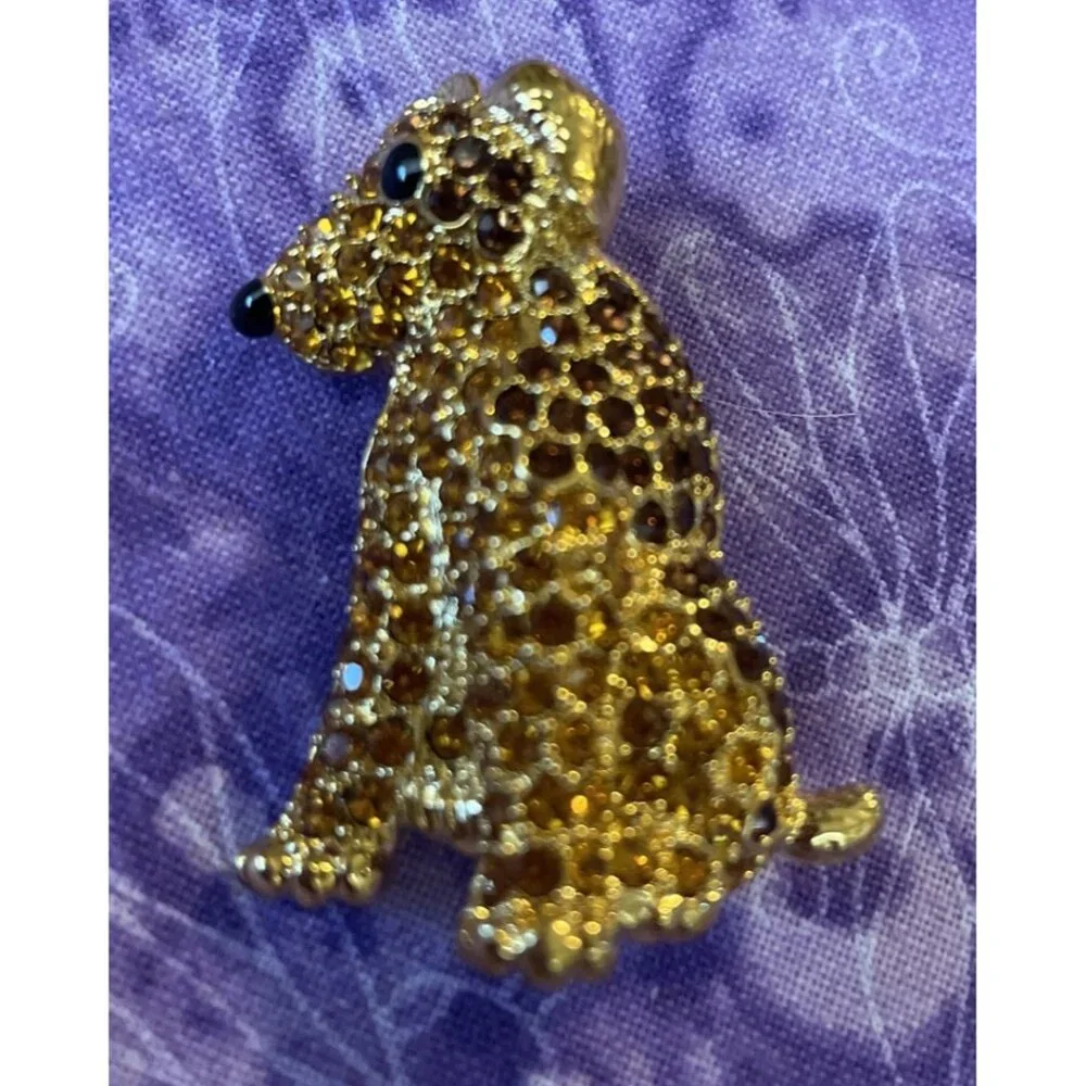 Dog‎ Puppy Brown Rhinestone Brooch Pin Gold Tone Sitting